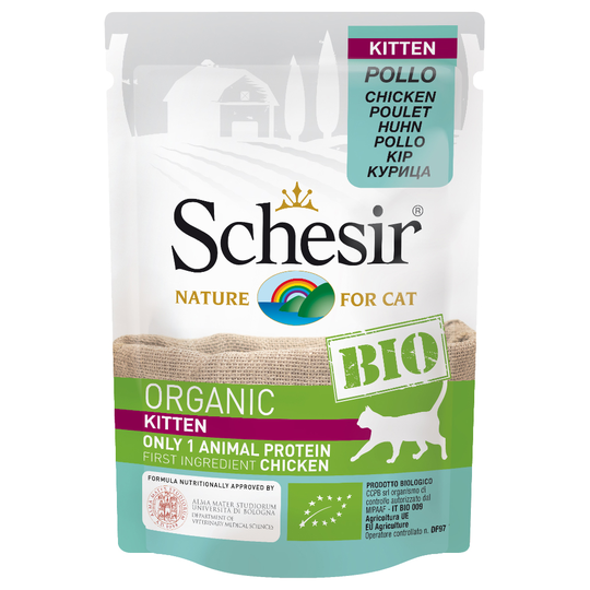 5 + 1 kaupan päälle! 6 x 85 g Schesir Organic Pouch - Kitten kana