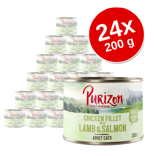 Purizon Adult 24 x 200 g / 400 g erikoishintaan! - lajitelma 24 x 200 g (villisika, lohi, lammas, kalkkuna)
