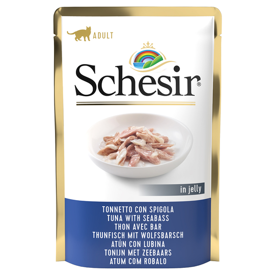 19 + 5 kaupan päälle! 24 x 85 g Schesir Jelly Pouch -kissanruoka - tonnikala & bassi