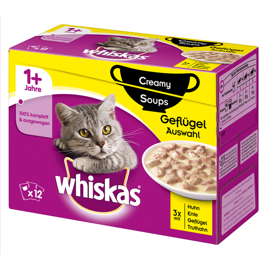 48 x 85 / 100 g Whiskas-kissanruokaa erikoishintaan! - 1+ Adult Creamy Soups siipikarjalajitelma (48 x 85 g)