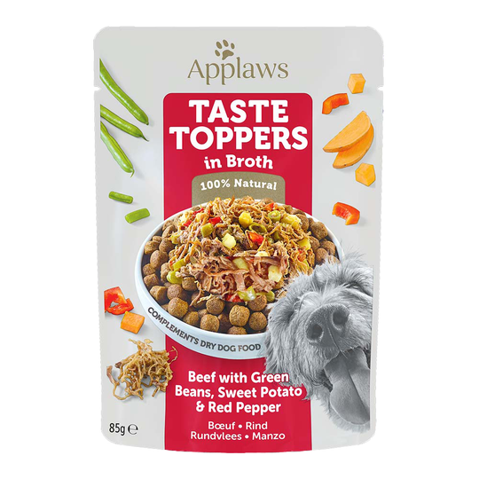 Applaws Taste Toppers -koiranruoka erikoishintaan! - liemi: nauta & vihreät pavut, bataatti & punainen paprika (12 x 85 g)