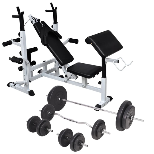 vidaXL Kuntopenkki painotangolla + levy- ja käsipainosarja 90 kg