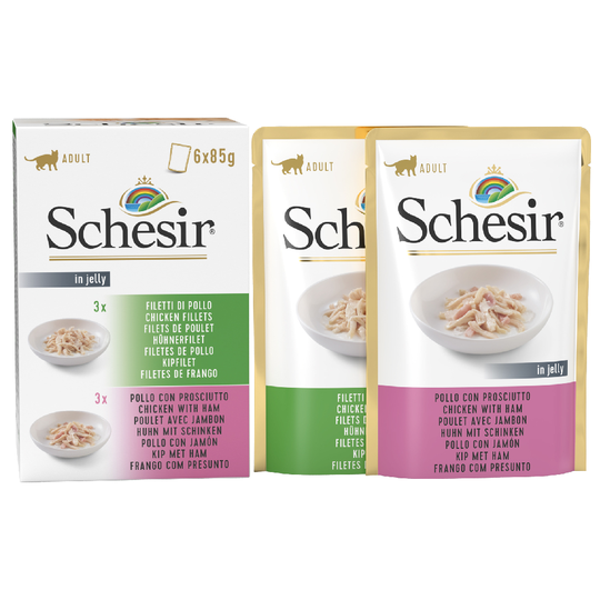 19 + 5 kaupan päälle! 24 x 85 g Schesir Jelly Pouch -kissanruoka - mix kanafilee + kanafilee & kinkku