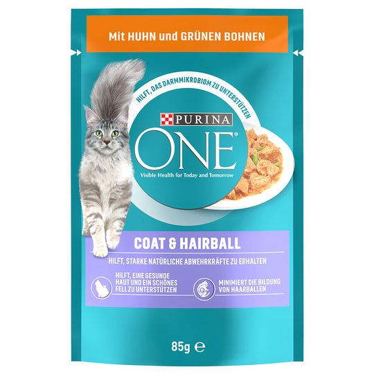 Purina ONE Coat & Hairball - kana & vihreät pavut (26 x 85 g)