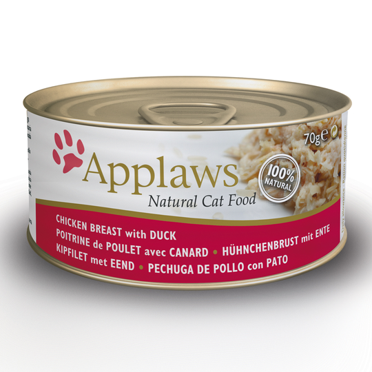18 + 6 kaupan päälle! 24 x 70 g Applaws-kissanruokaa - in Broth: kananrinta & ankka