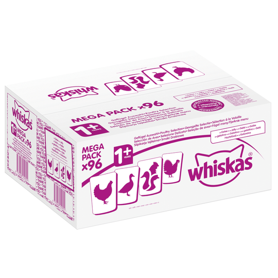96 x 100 g Whiskas 1+ Adult -kissanruokaa erikoishintaan! - siipikarjavalikoima hyytelössä