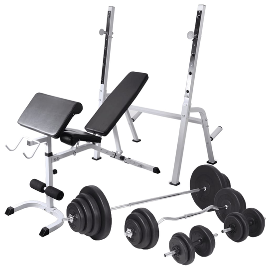 vidaXL Kuntopenkki painotelineellä, levy- ja käsipainosarja 120 kg