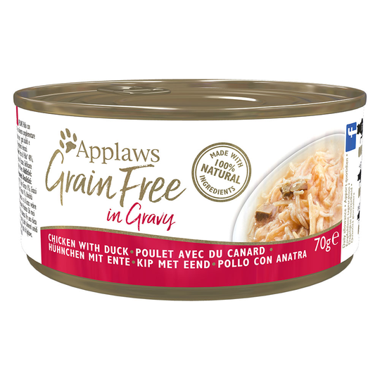 18 + 6 kaupan päälle! 24 x 70 g Applaws-kissanruokaa - Grainfree in Gravy: kana & ankka