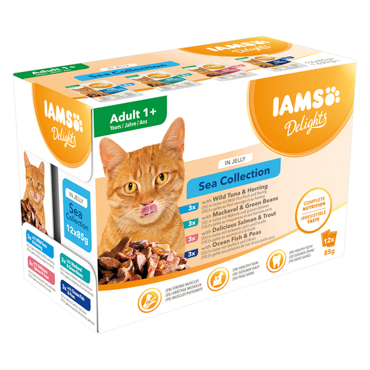 36 + 12 kaupan päälle! 48 x 85 g IAMS-kissanruokaa - Delights Adult: Sea Mix in Jelly
