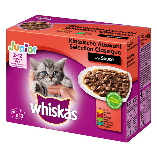 48 x 85 / 100 g Whiskas-kissanruokaa erikoishintaan! - Junior lihavalikoima kastikkeessa (48 x 100 g)
