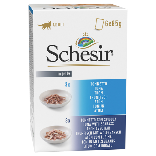19 + 5 kaupan päälle! 24 x 85 g Schesir Jelly Pouch -kissanruoka - mix tonnikala + tonnikala & bassi