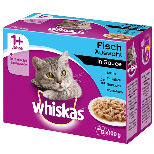 48 x 85 / 100 g Whiskas-kissanruokaa erikoishintaan! - 1+ Adult kalavalikoima kastikkeessa (48 x 100 g)