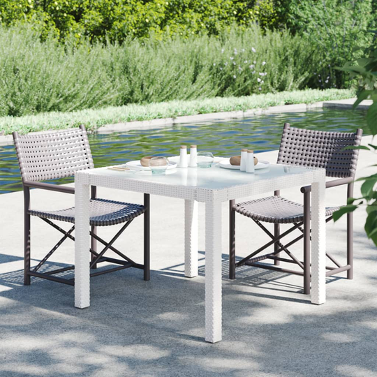 vidaXL Puutarhapöytä 90x90x75 cm karkaistu lasi ja polyrottinki valk.