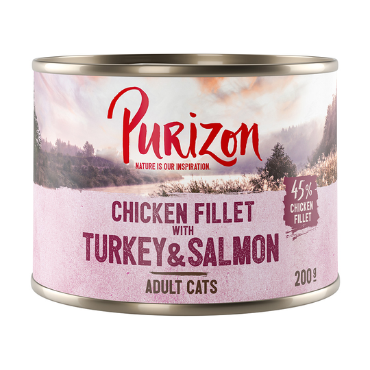 Purizon Adult 24 x 200 g / 400 g erikoishintaan! - kanafilee, kalkkuna & lohi 24 x 200g
