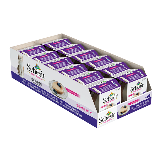 Schesir Petit Delice in Mousse 12 x 40 g - kana, tonnikala ja mustikka