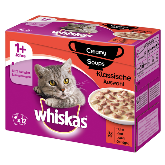 48 x 85 / 100 g Whiskas-kissanruokaa erikoishintaan! - 1+ Adult Creamy Soups klassikkolajitelma (48 x 85 g)