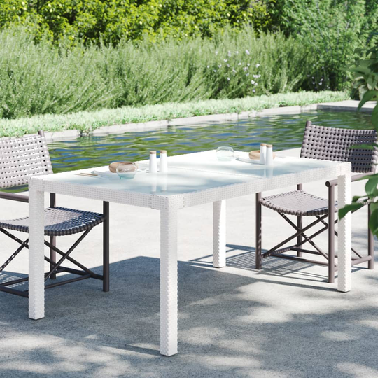 vidaXL Puutarhapöytä 150x90x75cm karkaistu lasi ja polyrottinki valk.
