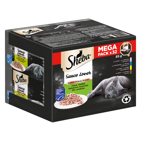 50 + 14 kaupan päälle! 64 x 85 g Sheba-kissanruokaa - Sauce Lover