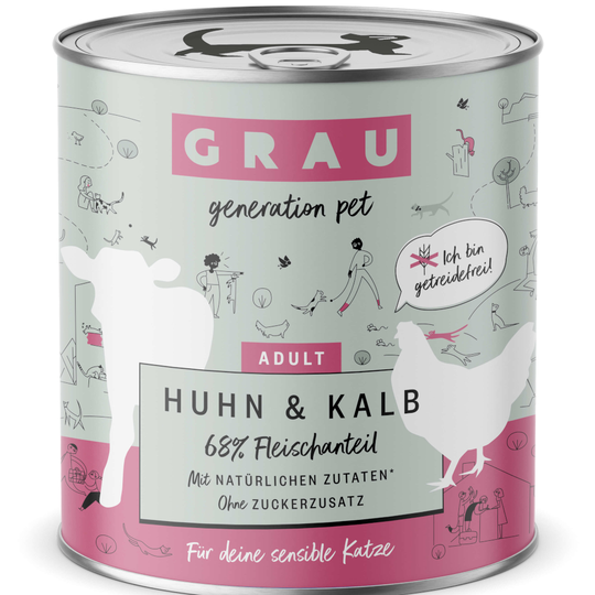 4 + 2 kaupan päälle! 6 x 200 g / 800 g GRAU-kissanruoka, viljaton - Adult kana & vasikka (6 x 800 g)