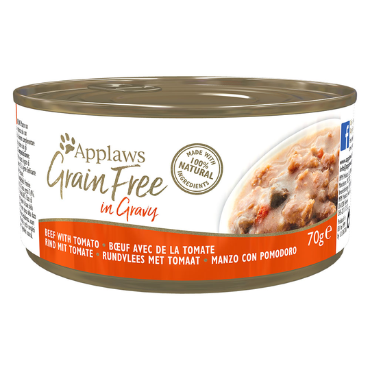 18 + 6 kaupan päälle! 24 x 70 g Applaws-kissanruokaa - Grainfree in Gravy: nauta & tomaatti