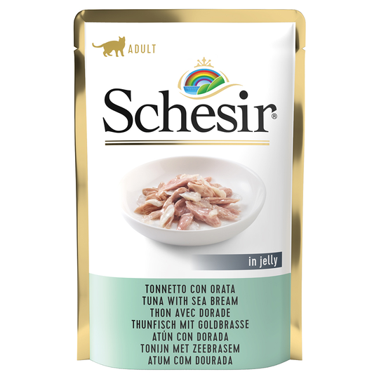 19 + 5 kaupan päälle! 24 x 85 g Schesir Jelly Pouch -kissanruoka - tonnikala & kultaotsa-ahven