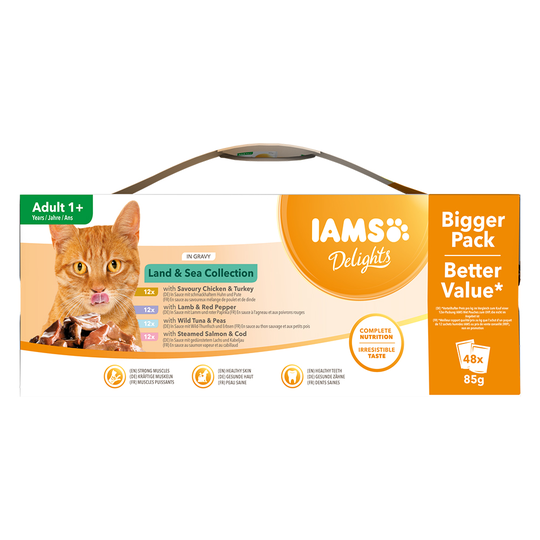 36 + 12 kaupan päälle! 48 x 85 g IAMS Delights - Delights Adult: Land & Sea Mix in Sauce