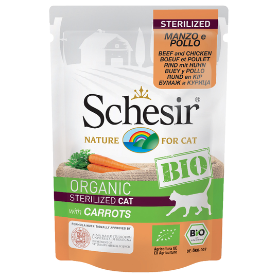 5 + 1 kaupan päälle! 6 x 85 g Schesir Organic Pouch - Sterilized nauta, kana ja porkkana