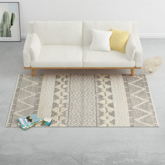 vidaXL Matto käsinkudottu villa 140x200 cm valk./harmaa/musta/ruskea