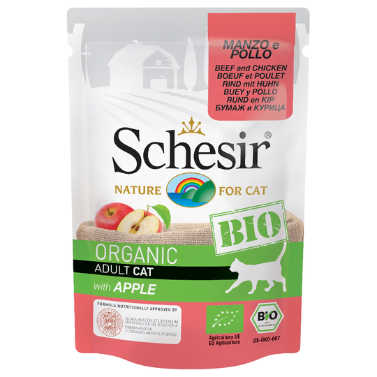 5 + 1 kaupan päälle! 6 x 85 g Schesir Organic Pouch - nauta, kana ja omena