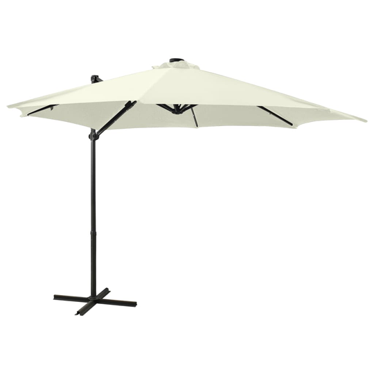 vidaXL Riippuva aurinkovarjo tangolla ja LED-valoilla hiekka 300 cm
