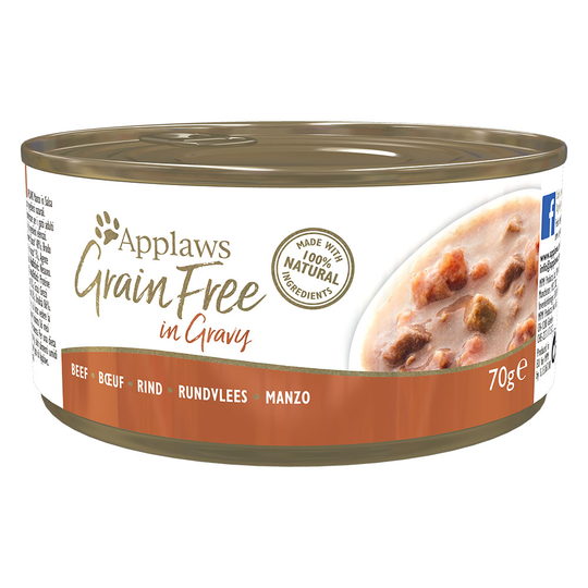 18 + 6 kaupan päälle! 24 x 70 g Applaws-kissanruokaa - Grainfree in Gravy: nauta