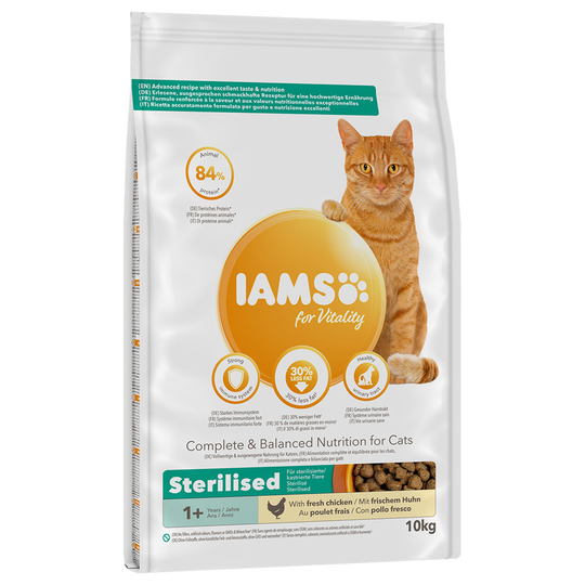 Iams kissanruoka 10 kg: 8 + 2 kg kaupan päälle! - Adult Sterilised Chicken (10 kg)