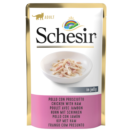 19 + 5 kaupan päälle! 24 x 85 g Schesir Jelly Pouch -kissanruoka - kanafilee & kinkku