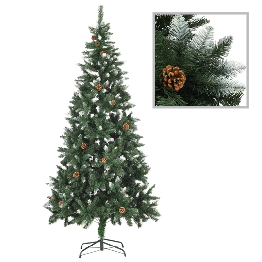 vidaXL Tekojoulukuusi kävyillä ja valkoisella kimalluksella 210 cm