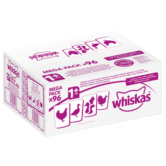96 x 100 g Whiskas 1+ Adult -kissanruokaa erikoishintaan! - siipikarjavalikoima kastikkeessa
