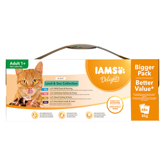36 + 12 kaupan päälle! 48 x 85 g IAMS Delights - Delights Adult: Land & Sea Mix in Jelly