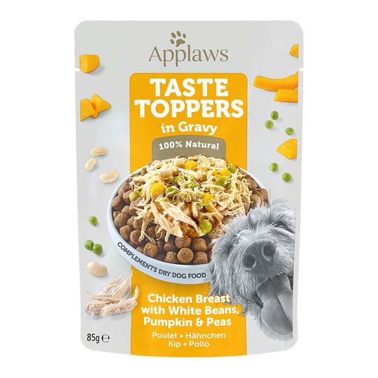 Applaws Taste Toppers kastikkeessa 12 x 85 g - kana, herne, kurpitsa & valkoinen papu