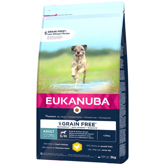 Eukanuba-koiranruoka erikoishintaan! - 3 kg Grain Free Adult Small / Medium Breed kana